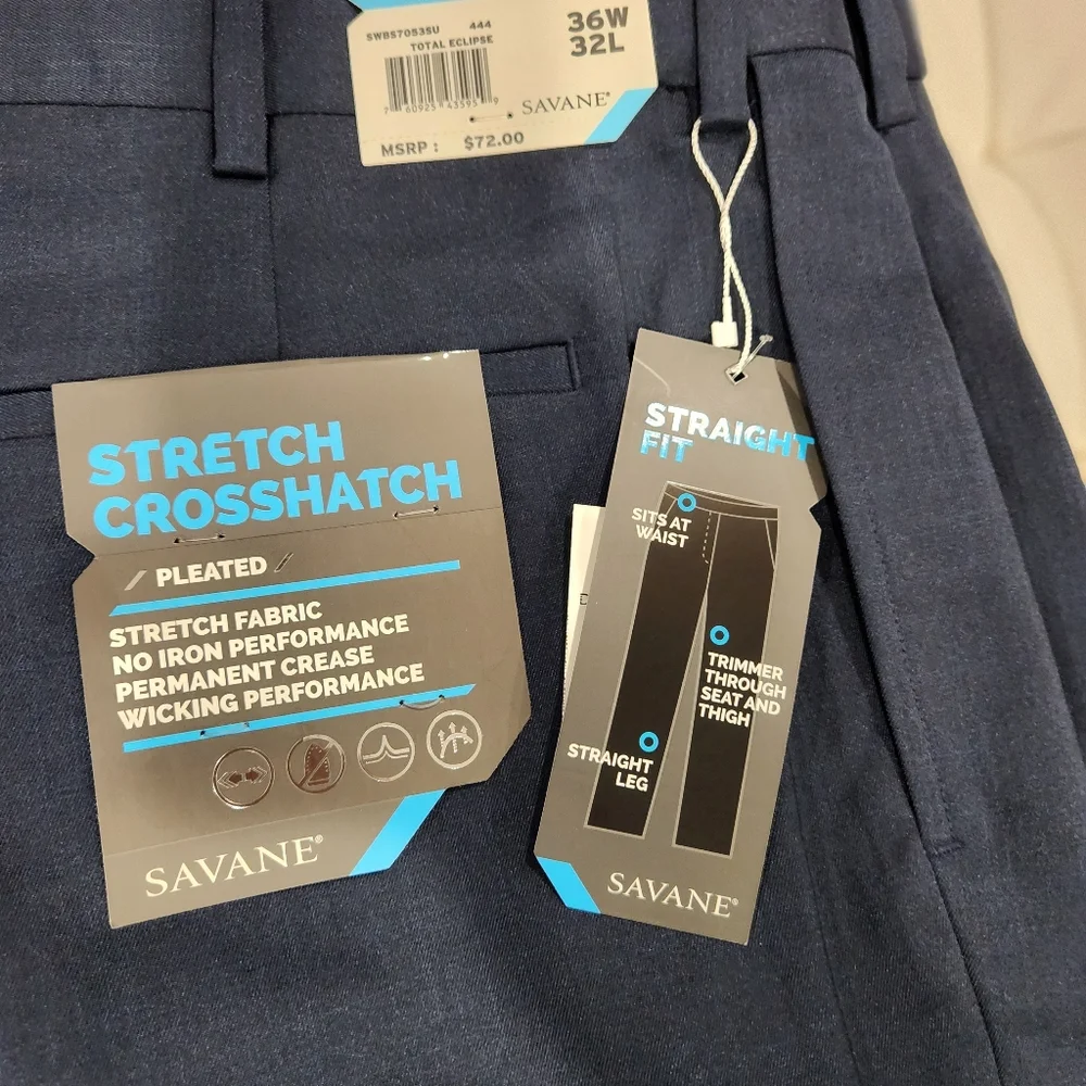 NEW Savane 36x32 Mens Stretch Crosshatch Pleated Cuffed Dress Pants Blue NWT - Picture 3 of 7